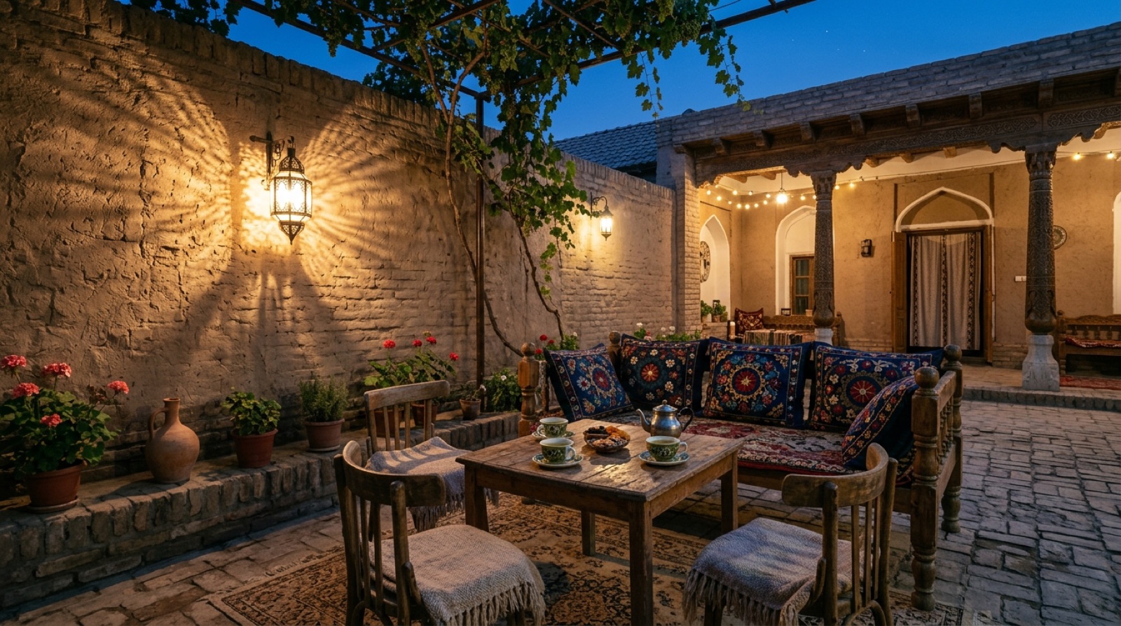 A private courtyard at dusk