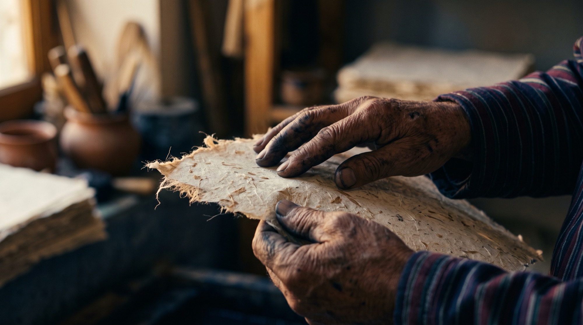 Hands holding a sheet of Samarkand paper